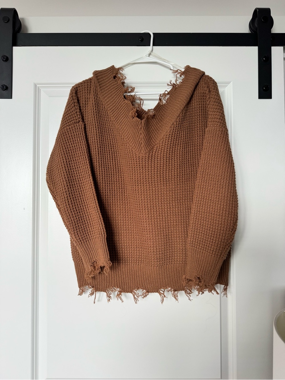 Zenana Outfitters Distressed Caramel Off-the-Shoulder / V-Neck Sweater